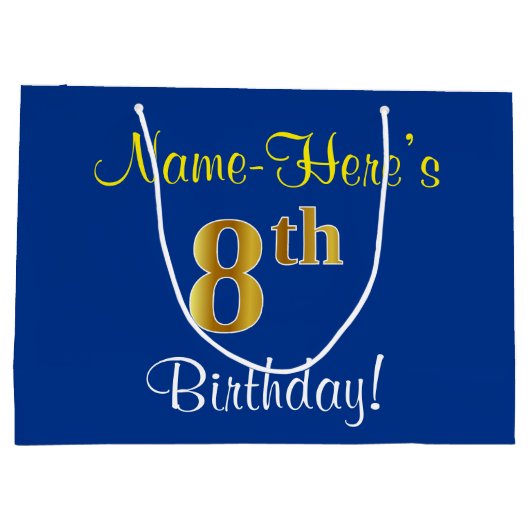 Elegant, blauw, Faux Gold 8th Birthday; aangepaste Groot Cadeauzakje (Achterkant)