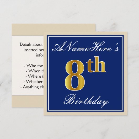 Elegant, blauw, Faux Gold 8th Birthday; aangepaste Kaart (Voorkant / Achterkant)