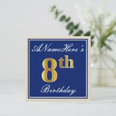 Elegant, blauw, Faux Gold 8th Birthday; aangepaste Kaart (Staand voorkant)