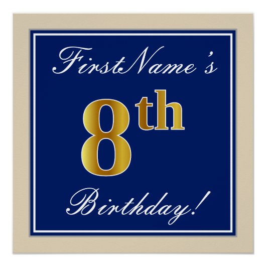 Elegant, blauw, Faux Gold 8th Birthday; aangepaste Poster (Voorkant)