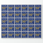 Elegant, blauw, Faux Gold 90th Birthday   naam Cadeaupapier<br><div class="desc">Dit eenvoudige en elegante ontwerp van verpakkingspapier bevat een gepersonaliseerd bericht zoals "Name-here's 90th Birthday" (met de "90th" met een faux/imitatie goudachtige kleur) binnen een blauw-gekleurd vierkant gebied met een eenvoudige omtrek aan de rand. De naam is in een elegante wit-gekleurde manuscript-als tekst, en kan worden gepersonaliseerd. Een dergelijk artikel...</div>