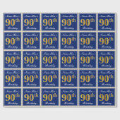 Elegant, blauw, Faux Gold 90th Birthday + naam Cadeaupapier (Vlak)