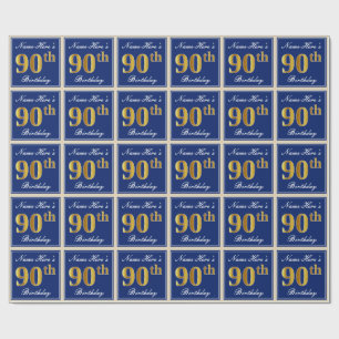 Elegant, blauw, Faux Gold 90th Birthday + naam Cadeaupapier
