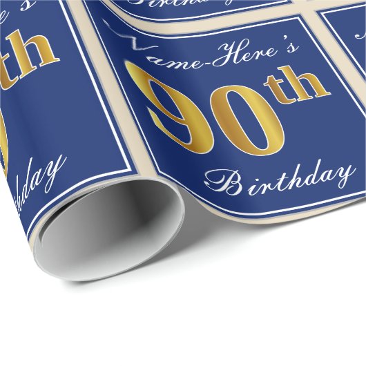 Elegant, blauw, Faux Gold 90th Birthday + naam Cadeaupapier (Rol Hoek)