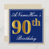 Elegant, blauw, Faux Gold 90th Birthday + naam Kaart (Voorkant / Achterkant)