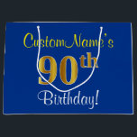 Elegant, blauw, Faux Gold 90th Birthday   naam Large Cadeautasje<br><div class="desc">Dit eenvoudige, elegante verjaardagsgeschenktasontwerp heeft een gepersonaliseerde boodschap zoals "CustomName’s 90th Birthday!" (met de "90th" met een faux/imitatie goud-achtige kleurlook) op een blauw gekleurde achtergrond. De naam is in tekst die lijkt op een script, geel gekleurd is en kan worden aangepast. Een gepersonaliseerde verjaardagscadeauzak als deze kan misschien gebruikt worden...</div>