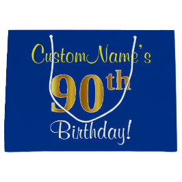 Elegant, blauw, Faux Gold 90th Birthday + naam Large Cadeautasje
