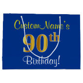 Elegant, blauw, Faux Gold 90th Birthday + naam Large Cadeautasje (Achterkant)