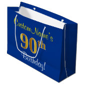 Elegant, blauw, Faux Gold 90th Birthday + naam Large Cadeautasje (Voorkant Gekanteld)