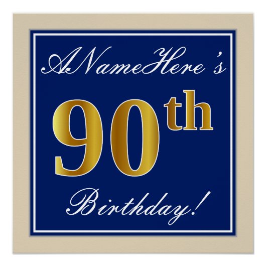 Elegant, blauw, Faux Gold 90th Birthday + naam Perfect Poster (Voorkant)