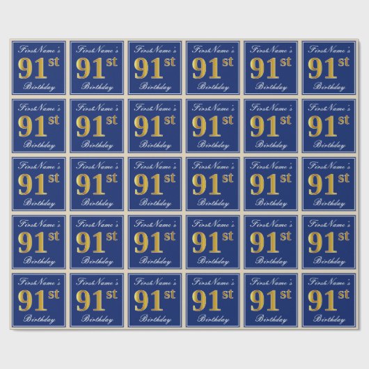 Elegant, blauw, Faux Gold 91st Birthday + naam Cadeaupapier (Vlak)