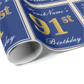 Elegant, blauw, Faux Gold 91st Birthday + naam Cadeaupapier (Rol Hoek)