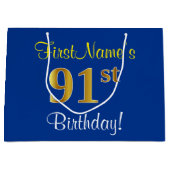 Elegant, blauw, Faux Gold 91st Birthday + naam Groot Cadeauzakje (Voorkant)