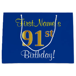 Elegant, blauw, Faux Gold 91st Birthday + naam Groot Cadeauzakje