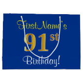 Elegant, blauw, Faux Gold 91st Birthday + naam Groot Cadeauzakje (Achterkant)