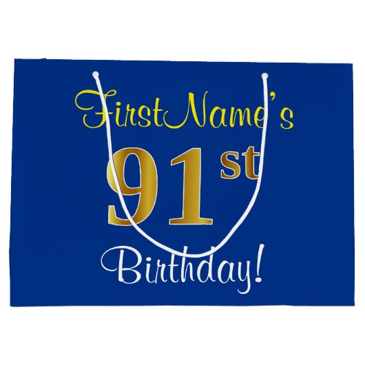 Elegant, blauw, Faux Gold 91st Birthday + naam Groot Cadeauzakje (Achterkant)