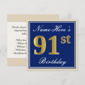 Elegant, blauw, Faux Gold 91st Birthday + naam Kaart (Voorkant / Achterkant)