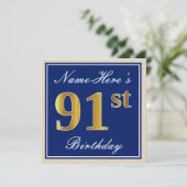 Elegant, blauw, Faux Gold 91st Birthday + naam Kaart (Staand voorkant)