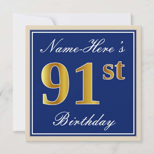 Elegant, blauw, Faux Gold 91st Birthday + naam Kaart (Voorkant)