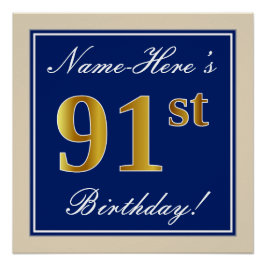 Elegant, blauw, Faux Gold 91st Birthday + naam Poster