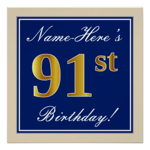 Elegant, blauw, Faux Gold 91st Birthday + naam Poster