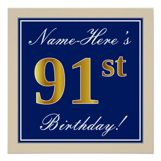 Elegant, blauw, Faux Gold 91st Birthday + naam Poster (Voorkant)