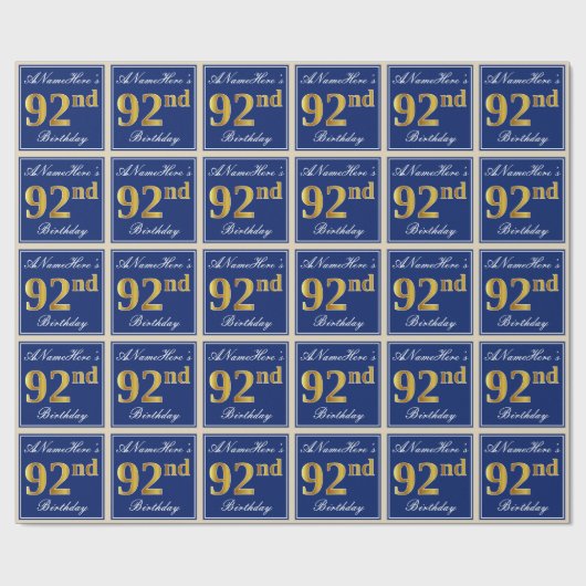 Elegant, blauw, Faux Gold 92e verjaardag + naam Cadeaupapier (Vlak)