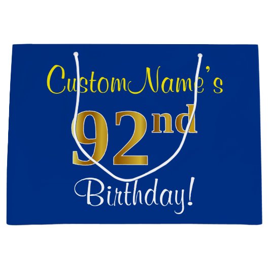 Elegant, blauw, Faux Gold 92e verjaardag + naam Groot Cadeauzakje (Voorkant)