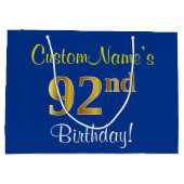 Elegant, blauw, Faux Gold 92e verjaardag + naam Groot Cadeauzakje (Achterkant)