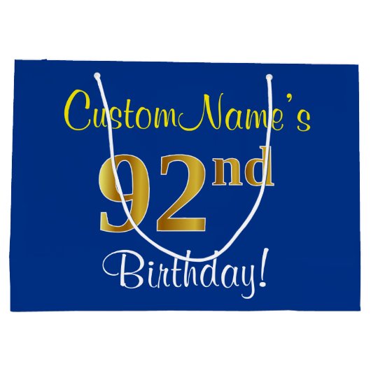 Elegant, blauw, Faux Gold 92e verjaardag + naam Groot Cadeauzakje (Achterkant)