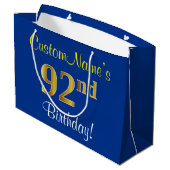 Elegant, blauw, Faux Gold 92e verjaardag + naam Groot Cadeauzakje (Achterkant Gekanteld)