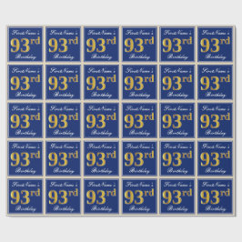 Elegant, blauw, Faux Gold 93rd Birthday + naam Cadeaupapier