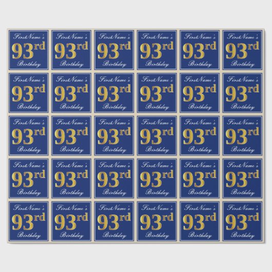 Elegant, blauw, Faux Gold 93rd Birthday + naam Cadeaupapier (Vlak)