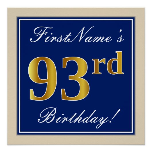 Elegant, blauw, Faux Gold 93rd Birthday + naam Poster (Voorkant)