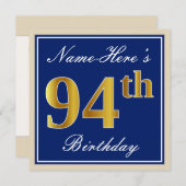 Elegant, blauw, Faux Gold 94th Birthday + naam Kaart (Voorkant / Achterkant)