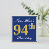 Elegant, blauw, Faux Gold 94th Birthday + naam Kaart (Staand voorkant)