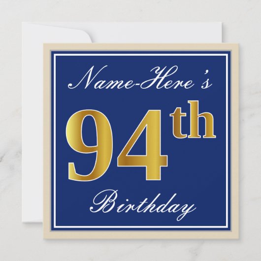 Elegant, blauw, Faux Gold 94th Birthday + naam Kaart (Voorkant)