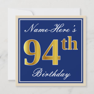 Elegant, blauw, Faux Gold 94th Birthday + naam Kaart