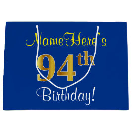 Elegant, blauw, Faux Gold 94th Birthday + naam Large Cadeautasje