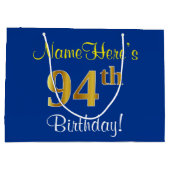 Elegant, blauw, Faux Gold 94th Birthday + naam Large Cadeautasje (Achterkant)