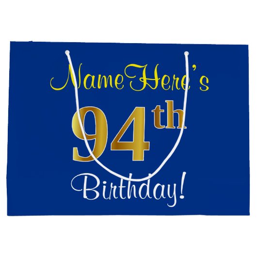 Elegant, blauw, Faux Gold 94th Birthday + naam Large Cadeautasje (Achterkant)