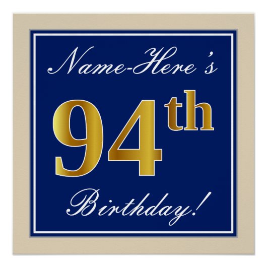 Elegant, blauw, Faux Gold 94th Birthday + naam Perfect Poster (Voorkant)