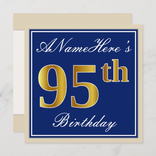 Elegant, blauw, Faux Gold 95th Birthday + naam Kaart (Voorkant / Achterkant)