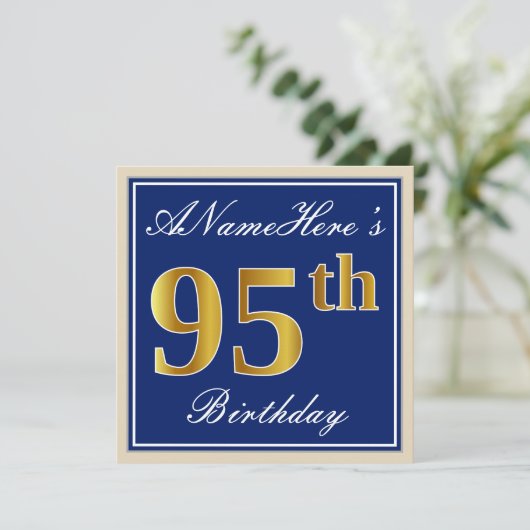 Elegant, blauw, Faux Gold 95th Birthday + naam Kaart (Staand voorkant)