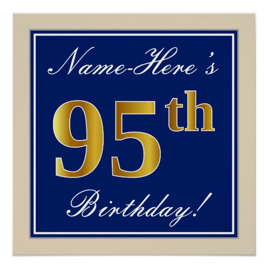 Elegant, blauw, Faux Gold 95th Birthday + naam Perfect Poster (Voorkant)