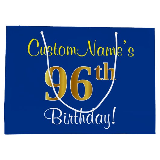 Elegant, blauw, Faux Gold 96th Birthday + naam Large Cadeautasje (Achterkant)
