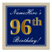 Elegant, blauw, Faux Gold 96th Birthday + naam Perfect Poster (Voorkant)