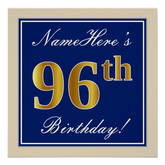 Elegant, blauw, Faux Gold 96th Birthday + naam Perfect Poster (Voorkant)
