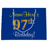 Elegant, blauw, Faux Gold 97th Birthday + naam Groot Cadeauzakje (Voorkant)