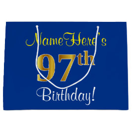 Elegant, blauw, Faux Gold 97th Birthday + naam Groot Cadeauzakje